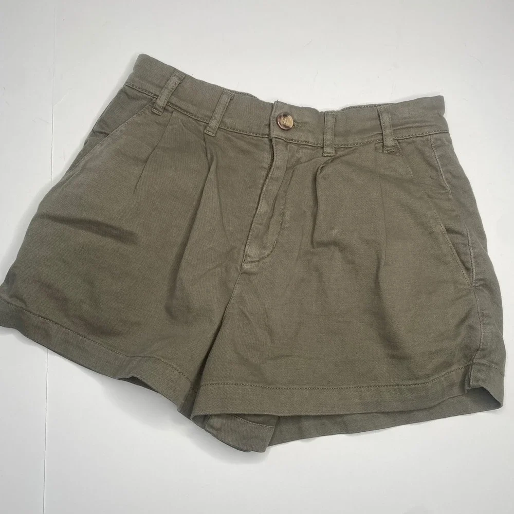 Free People‎ Olive Green Pleated High Waisted Linen Blend Shorts Women Size 2